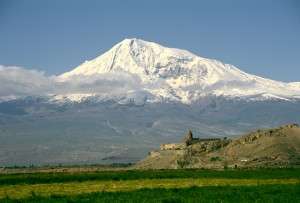 A view of Mt. Ararat and the monastery of Khor Virap.