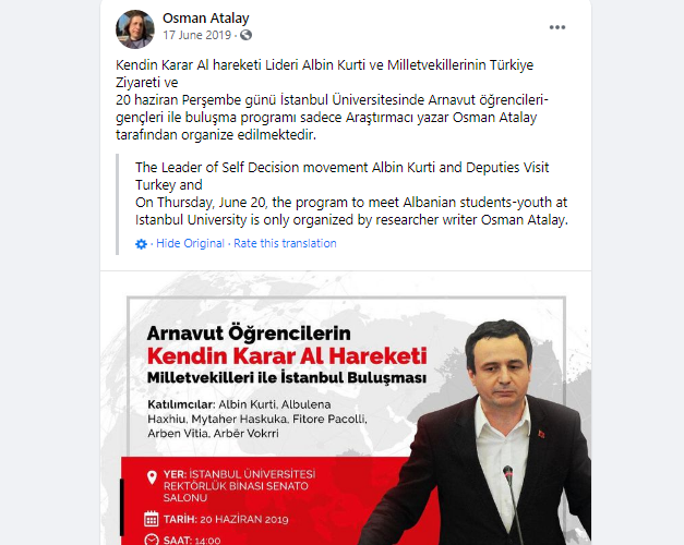 Njoftimi i Osman Atalay në ‘Facebook’ për vizitën e Kurtit