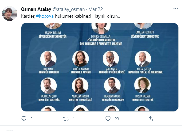 Screen shot nga profili i Osman Atalay në twitter